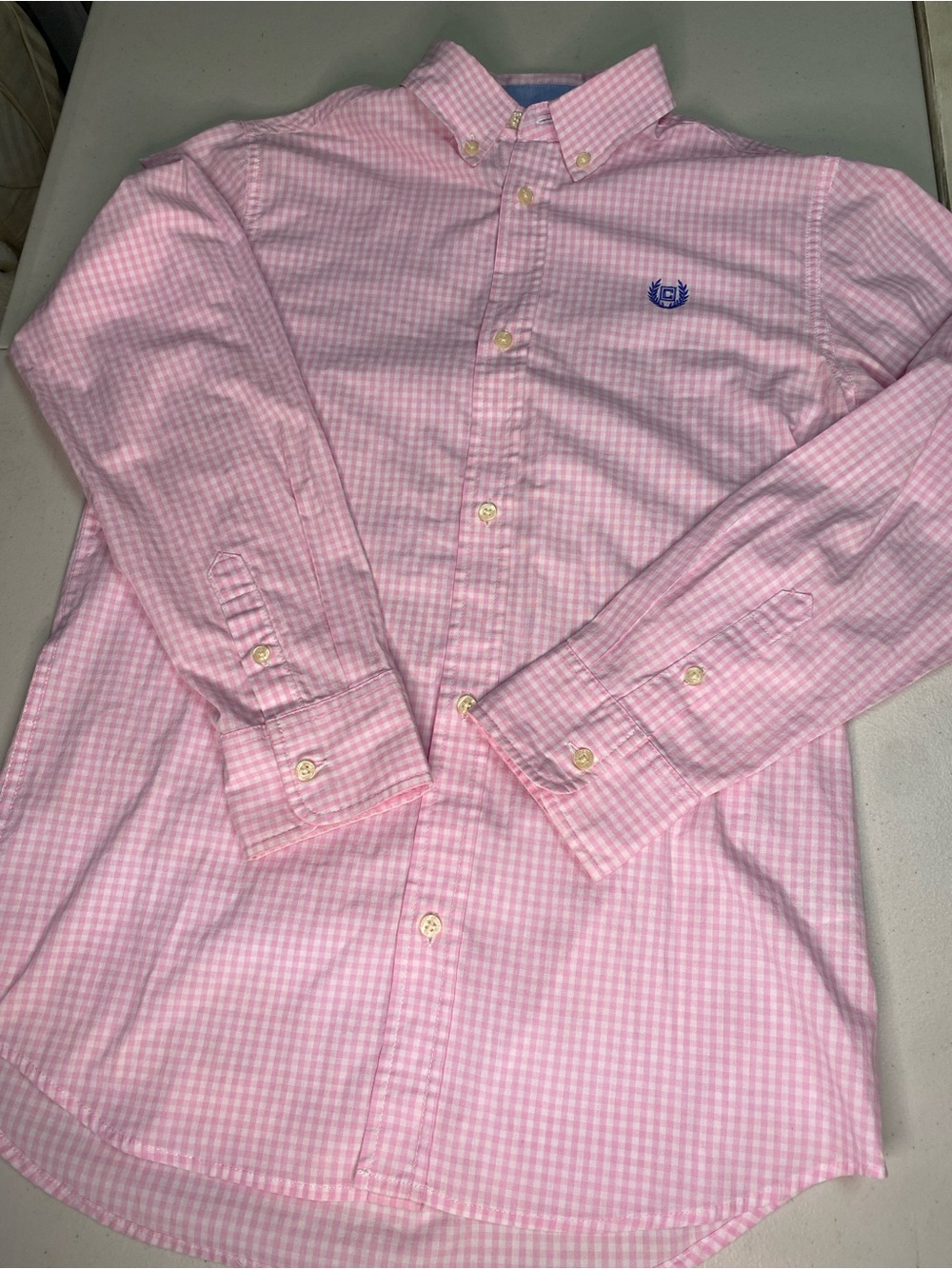 Chaps Pink Gingham Shirt with Navy Logo Tag